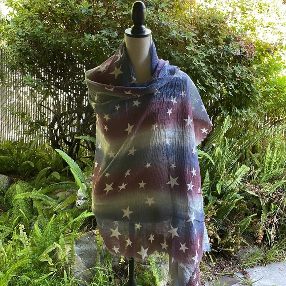 Scarf Americana Independence Day Patriotic red white blue stripes & stars fringe - Picture 1 of 8